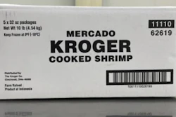 This undated photo released by the U.S. Food and Drug Administration, FDA, shows a product label for Kroger Mercado Cooked Medium Peeled Tail-Off Shrimp.