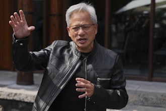 CEO of Nvidia Jensen Huang speaks during a press conference at the Mandarin Oriental Qianmen after attending the third China International Supply Chain Expo, in Beijing, July 16, 2025.