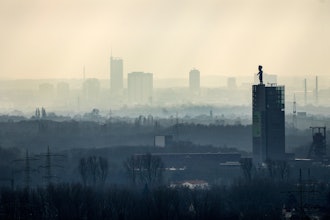 The city center of Essen is seen through the fog as German Federal Environment Agency warns about poor air quality in Germany due to fine dust pollution, Essen, Germany, Feb. 12, 2025.