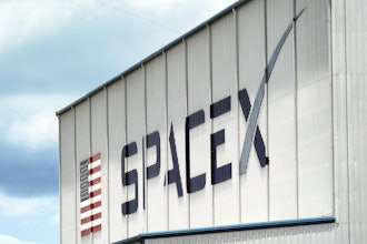 A SpaceX logo is displayed on a building on May 26, 2020, at the Kennedy Space Center in Cape Canaveral, Fla.