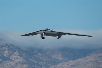 Northrop Grumman’s B-21 flight test aircraft arrives at Edwards Air Force Base.