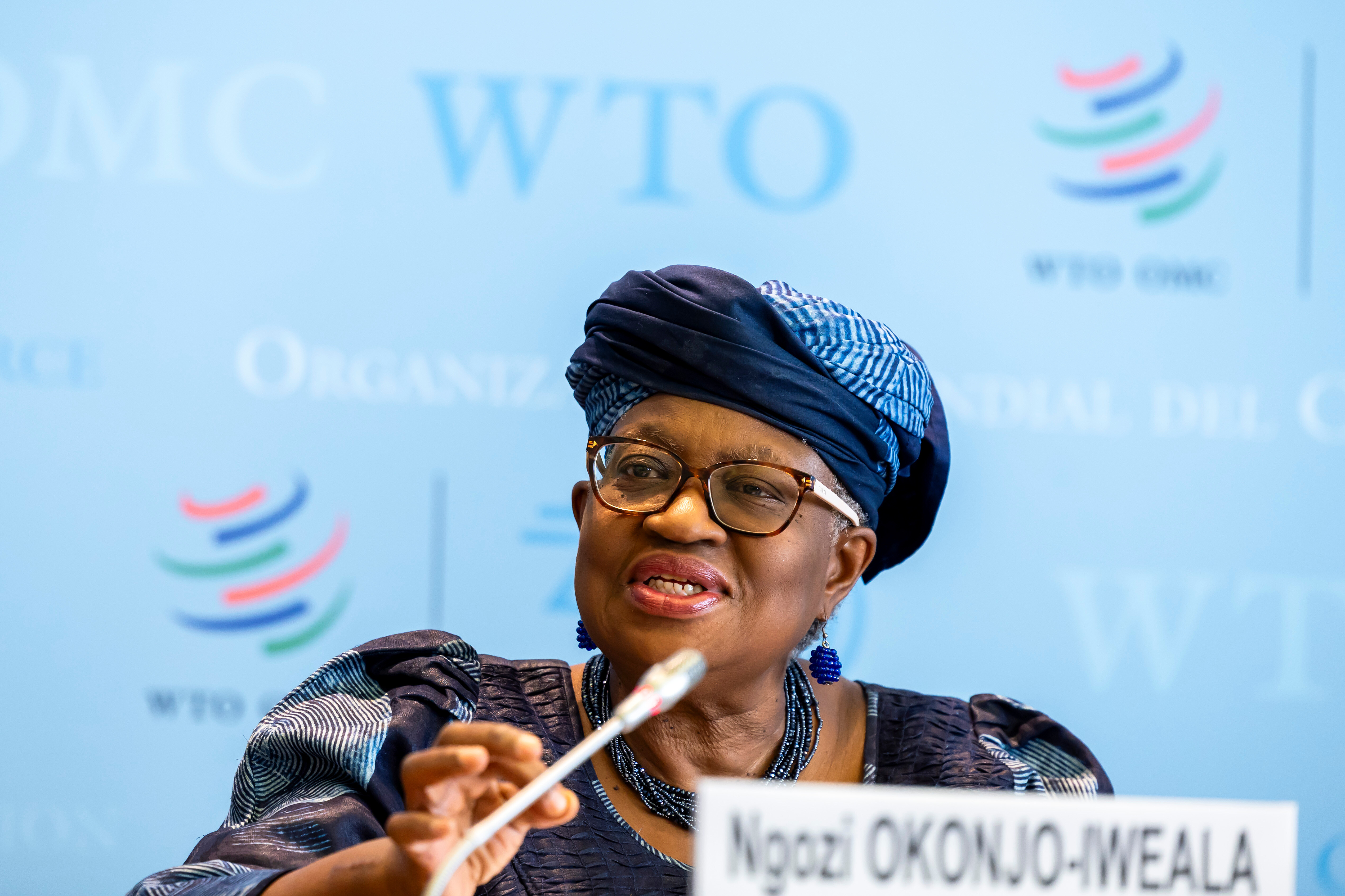 Ngozi Okonjo-Iweala, director general of the World Trade Organization, at a press conference at the WTO headquarters in Geneva, Switzerland, Oct. 7, 2025.