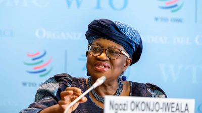 Ngozi Okonjo-Iweala, director general of the World Trade Organization, at a press conference at the WTO headquarters in Geneva, Switzerland, Oct. 7, 2025.