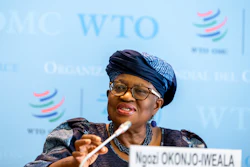 Ngozi Okonjo-Iweala, director general of the World Trade Organization, at a press conference at the WTO headquarters in Geneva, Switzerland, Oct. 7, 2025.