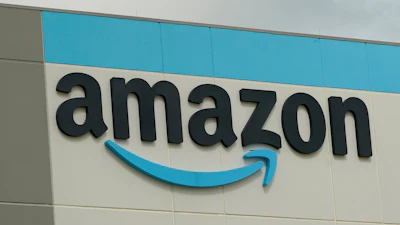 The Amazon logo is pictured at the Amazon Robotic Sorting Fulfillment Center in Madison County, Miss., Aug. 11, 2022.