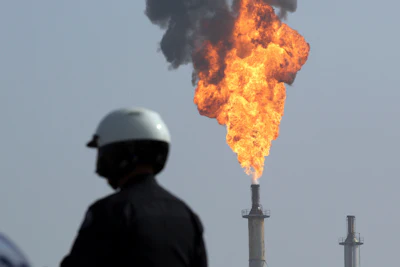 A very large smokestack flare burns off flammable product after an explosion in a processing facility at the ExxonMobil refinery in Torrance, Calif., on Feb. 18, 2015.