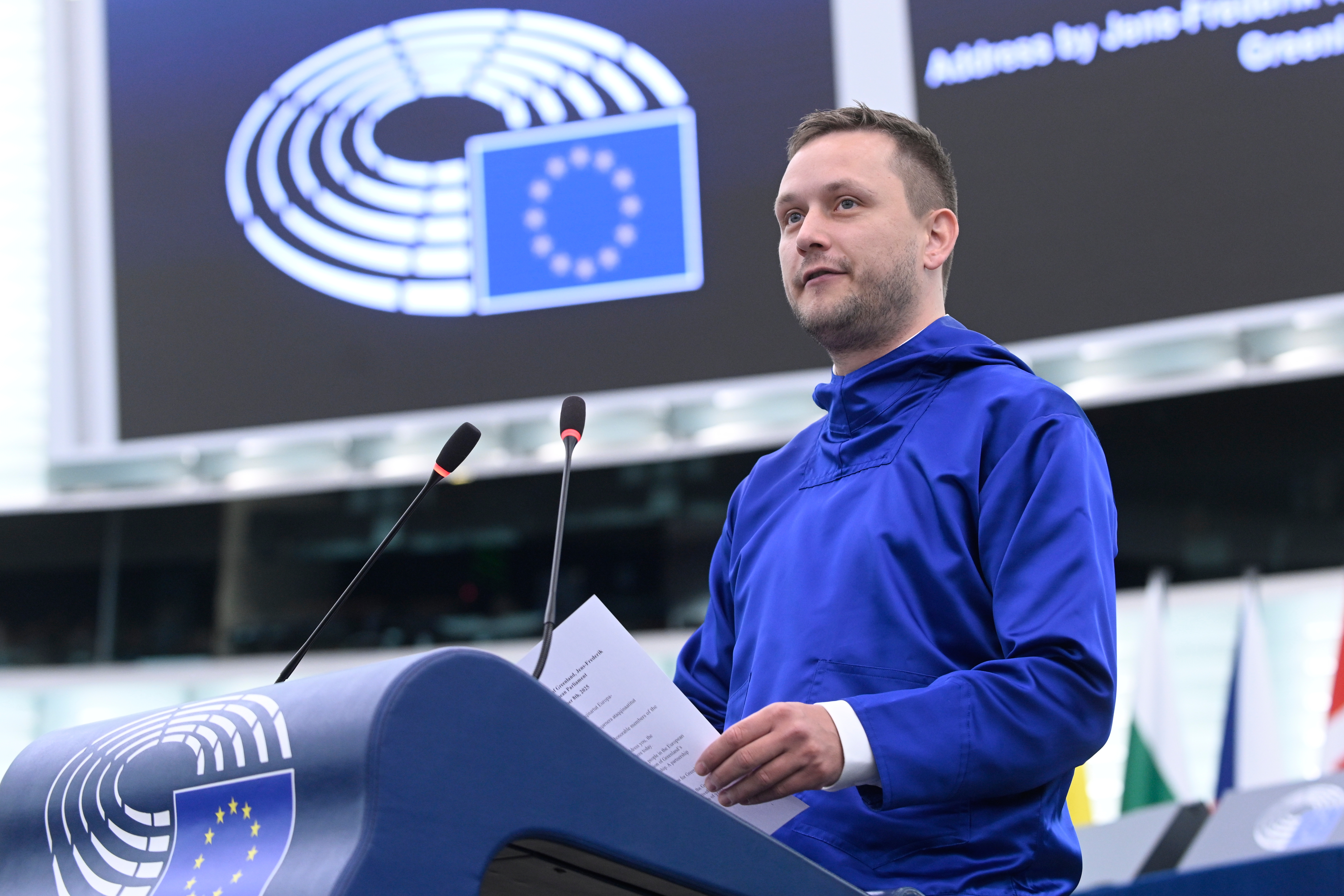 Prime Minister of Greenland Jens-Frederik Nielsen delivers a speech Wednesday, Oct. 8, 2025 at the European Parliament in Strasbourg, eastern France.