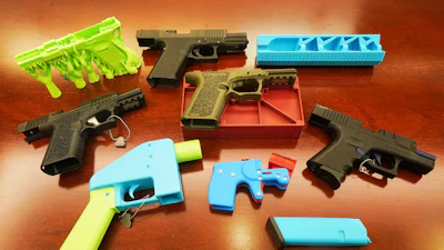 Ghost guns, provided by the New York City Police Department, are displayed in the Manhattan District Attorney's office, in New York, Wednesday, Oct. 15, 2025.
