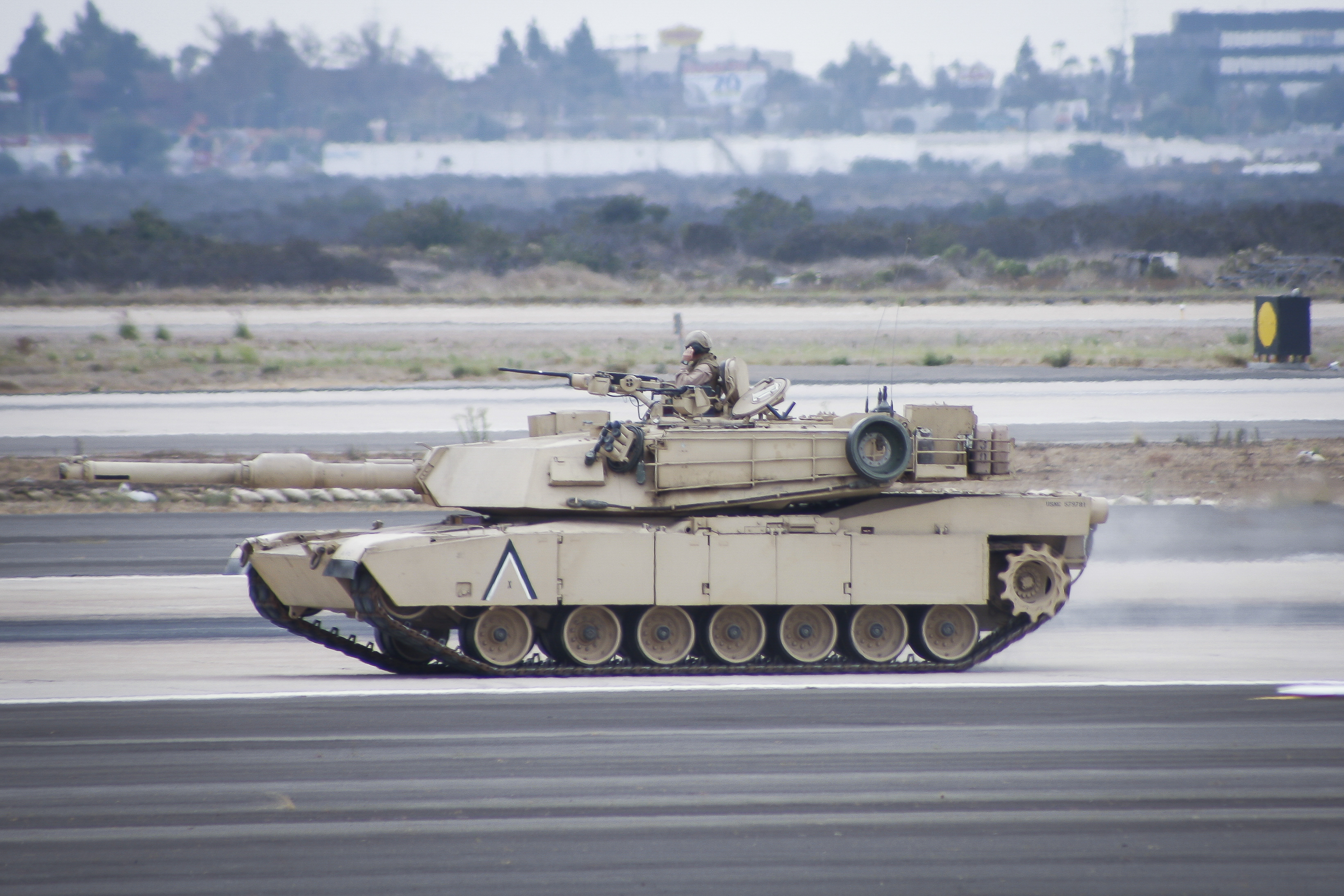 Military tank M1 Abrams in action.