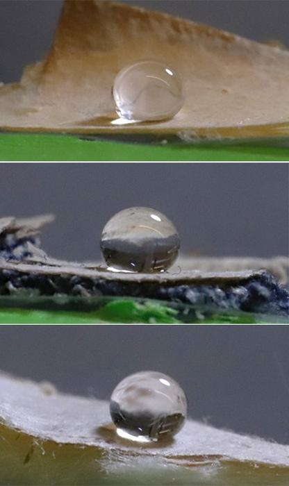 An impervious coating grown by an edible fungus causes water droplets to bead on denim.