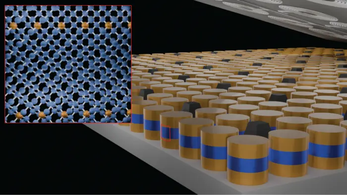 Josephson junction structures&mdash;quantum devices made of two superconductors and a thin non-superconducting barrier&mdash;using different forms of germanium (Ge): super-Ge (in gold), semiconducting Ge (in blue), and super-Ge on wafer-level scale.