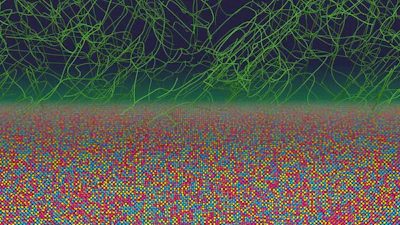 A computer simulation shows metallic alloy where atoms (colored spheres) are arranged in subtle chemical patterns beneath a network of dislocations (green lines). These tangled defects move during processing and help create the nonequilibrium atomic order discovered by the MIT team.