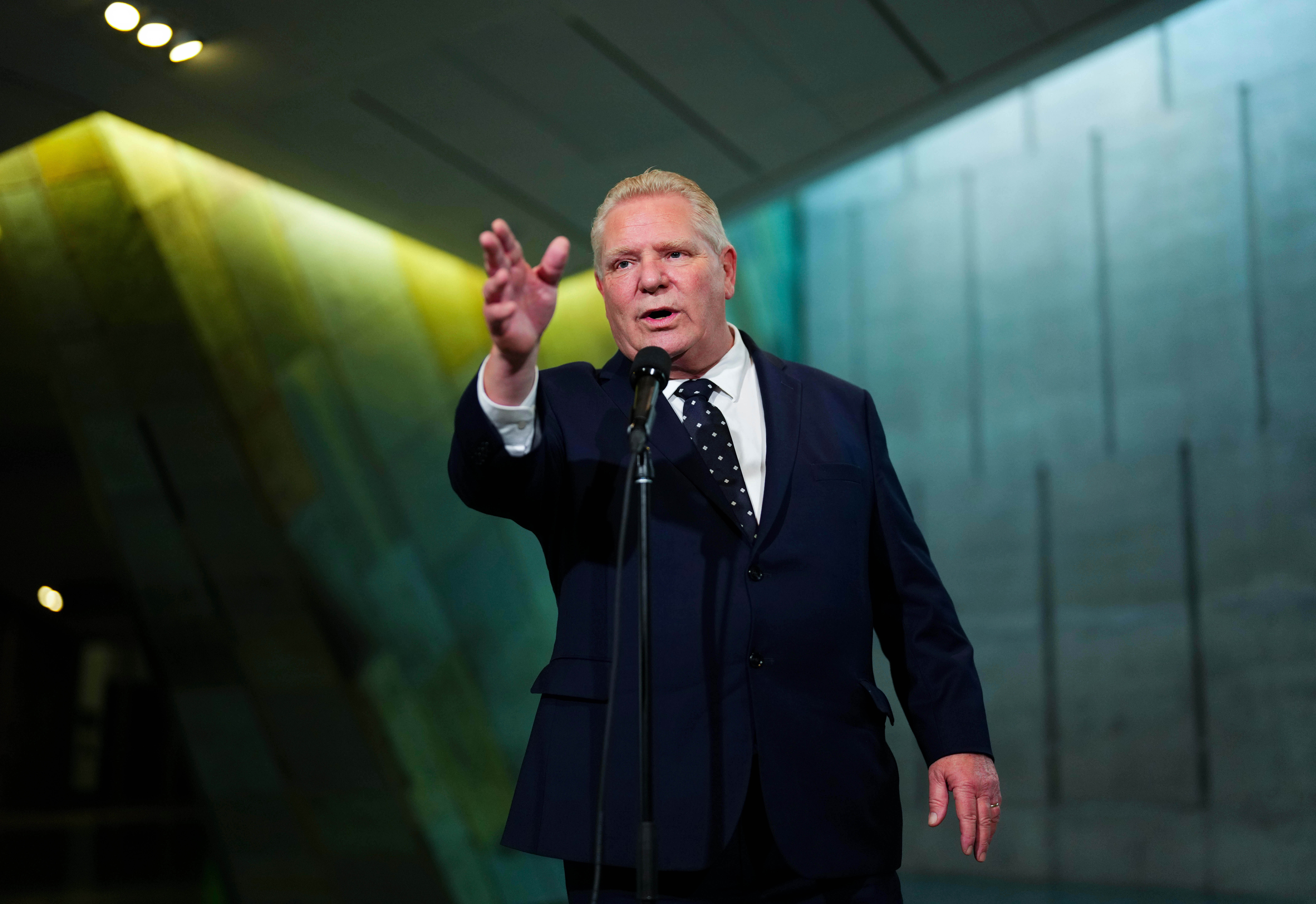 Ontario Premier Doug Ford speaks to reporters following the First Ministers Meeting at the National War Museum March 21, 2025, in Ottawa, Canada.