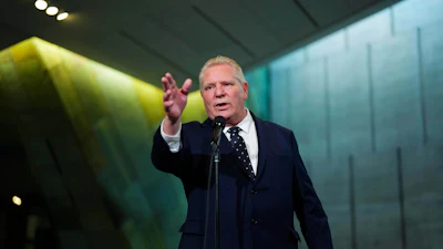 Ontario Premier Doug Ford speaks to reporters following the First Ministers Meeting at the National War Museum March 21, 2025, in Ottawa, Canada.
