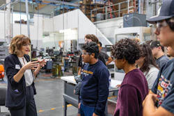Scientific Cutting Tool's Sarah Christopher Falk speaks to a group of students.