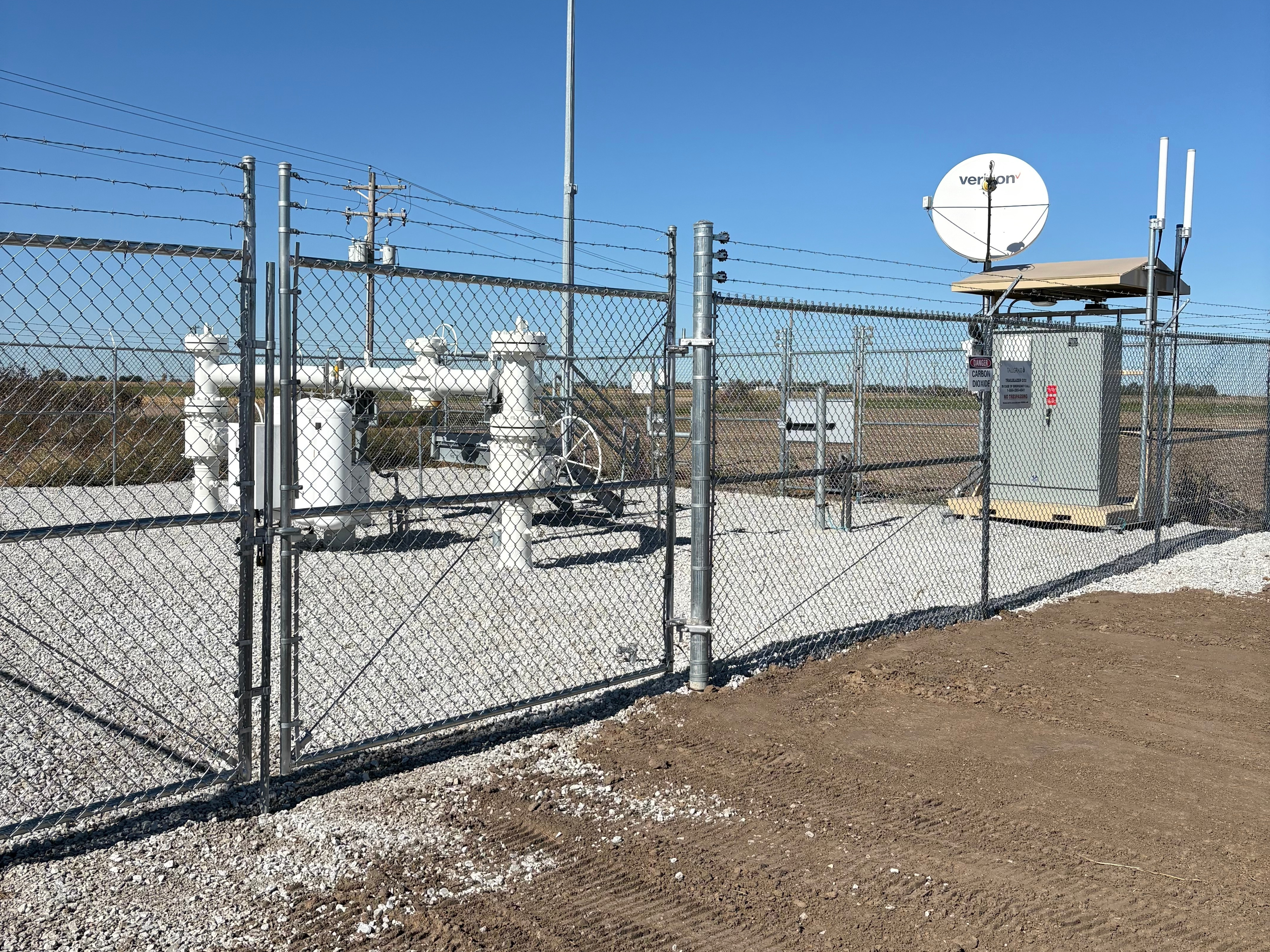 A facility along the Tallgrass Trailblazer carbon dioxide pipeline is seen Oct. 17, 2025, near Glenvil, Neb.