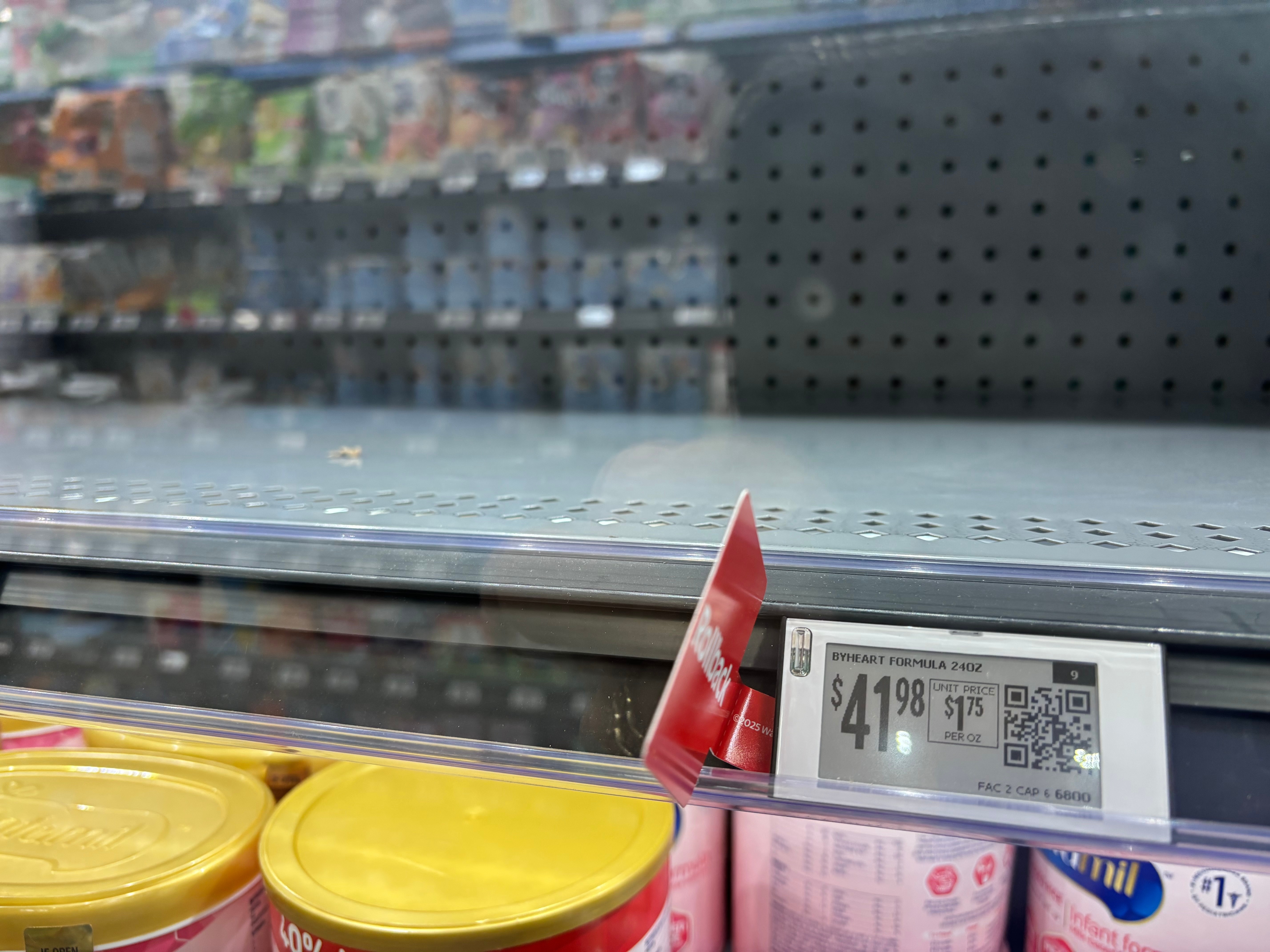 ByHeart infant formula has been removed from shelves of a Walmart store in Temecula, Calif., on Nov. 16, 2025.