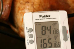 A turkey is roasted with the help of a thermometer on Oct. 18, 2007.