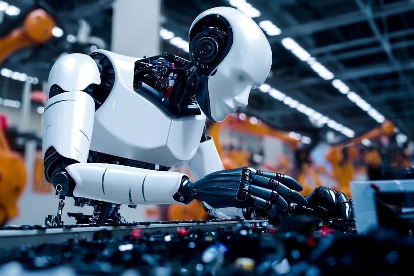 Humanoid robot works along an assembly line.