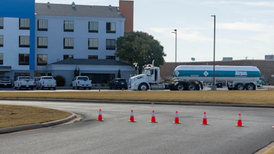The scene of an ammonia spill at the Holiday Inn Express in Weatherford, Okla. on Thursday, Nov. 13, 2025.