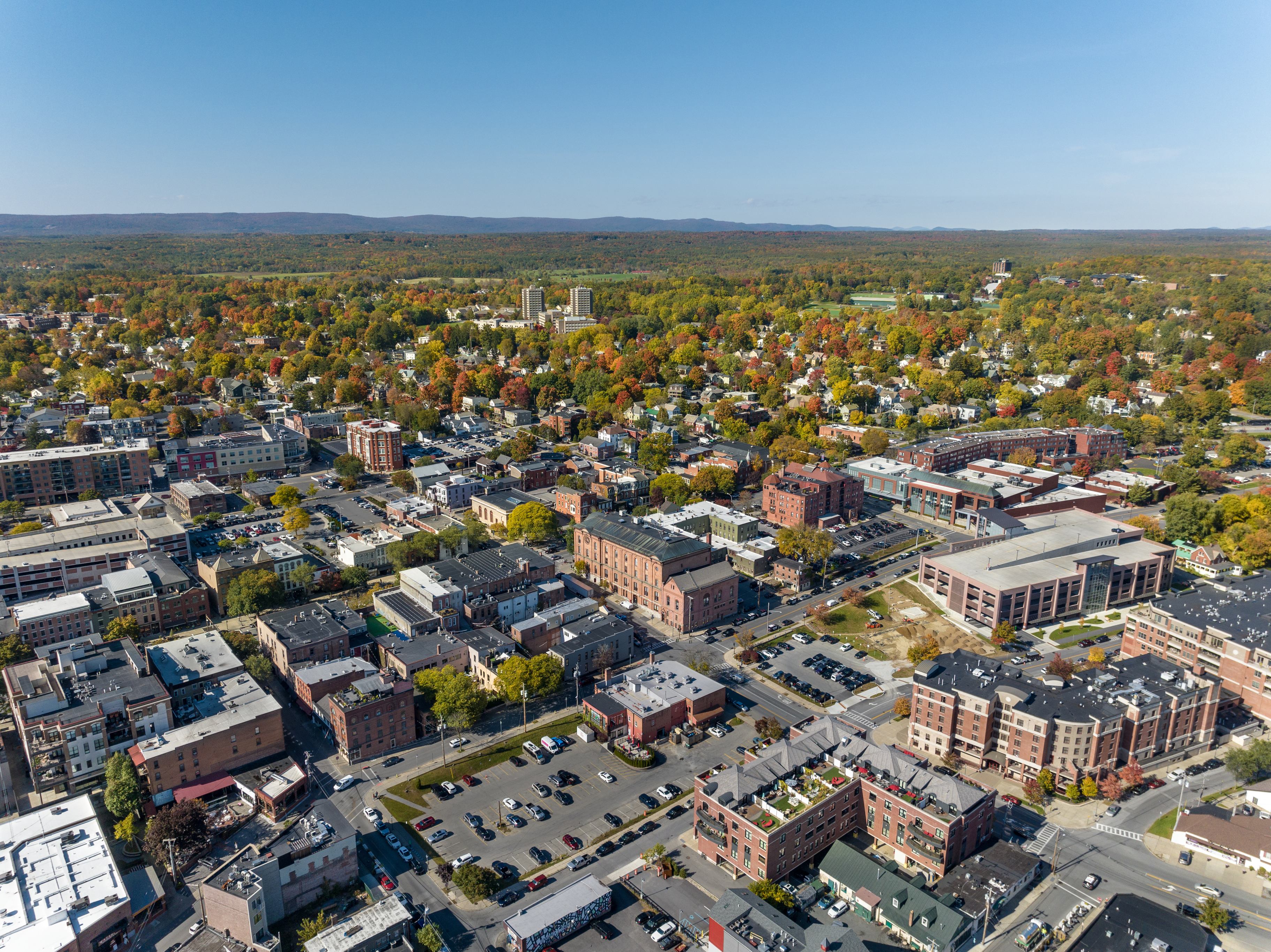 An early afternoon autumn aerial photo view of Saratoga Springs, New York, where Regeneron Pharmaceuticals will double its manufacturing footprint.