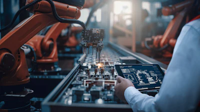 Industrial robotic arms operating on a manufacturing assembly line.