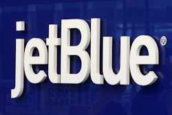 The JetBlue logo is seen at the check-in counter at the Richmond International Airport in Sandston, Va., Oct. 17, 2019.