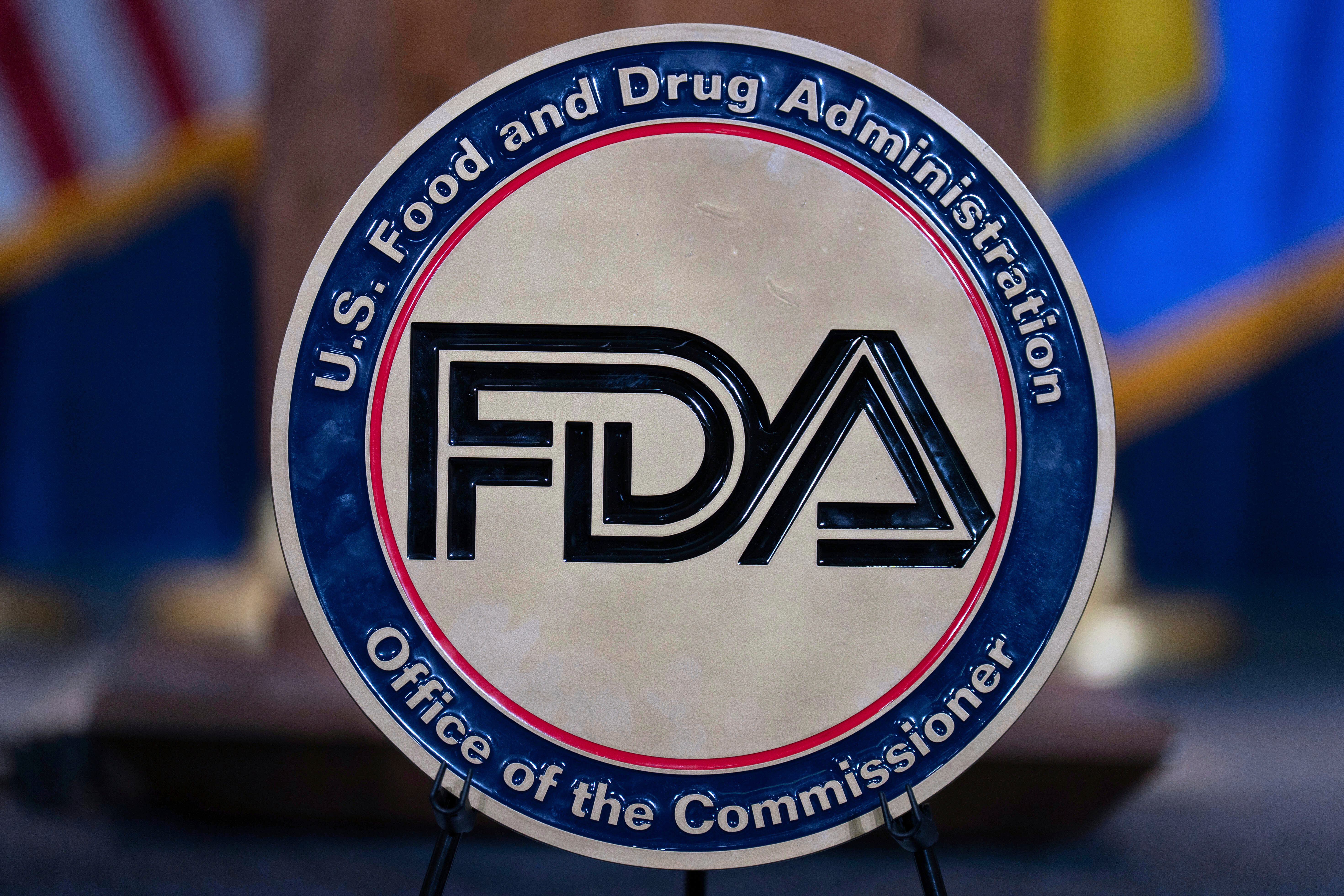 The Food and Drug Administration seal is seen at the Hubert Humphrey Building Auditorium in Washington, April 22, 2025.