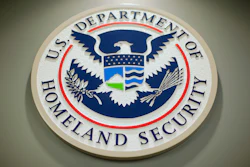 The Department of Homeland Security logo is seen during a news conference in Washington, Feb. 25, 2015.