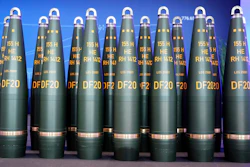 Artillery shells of German arms manufacturer Rheinmetall are displayed in Unterluess, Germany, Wednesday, Aug. 27, 2025.