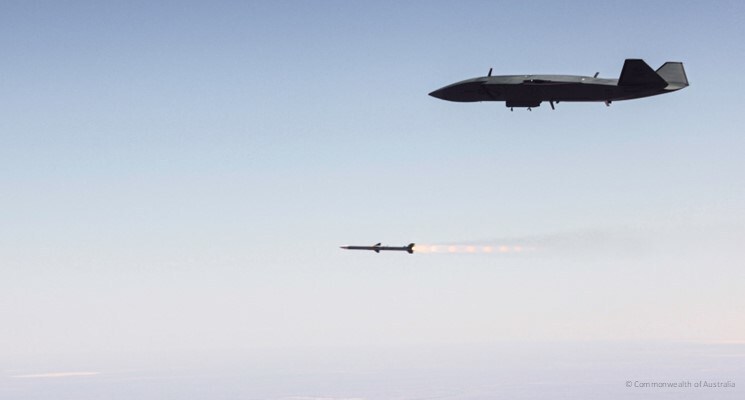 An MQ-28 Ghost Bat fires an AIM-120 missile to successfully demonstrate a force integrated air-to-air autonomous weapon engagement.