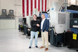 Tom Carrubba (right), vice president of production operations at Lockheed Martin, and Chris Power (left), CEO of Hadrian, agree to a Memorandum of Understanding at Hadrian’s headquarters in Los Angeles.