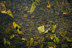 Borussia Dortmund supporters react ahead of the Champions League opening phase soccer match between Borussia Dortmund and Bodo Glimt in Dortmund, Germany, Wednesday, Dec. 10, 2025.