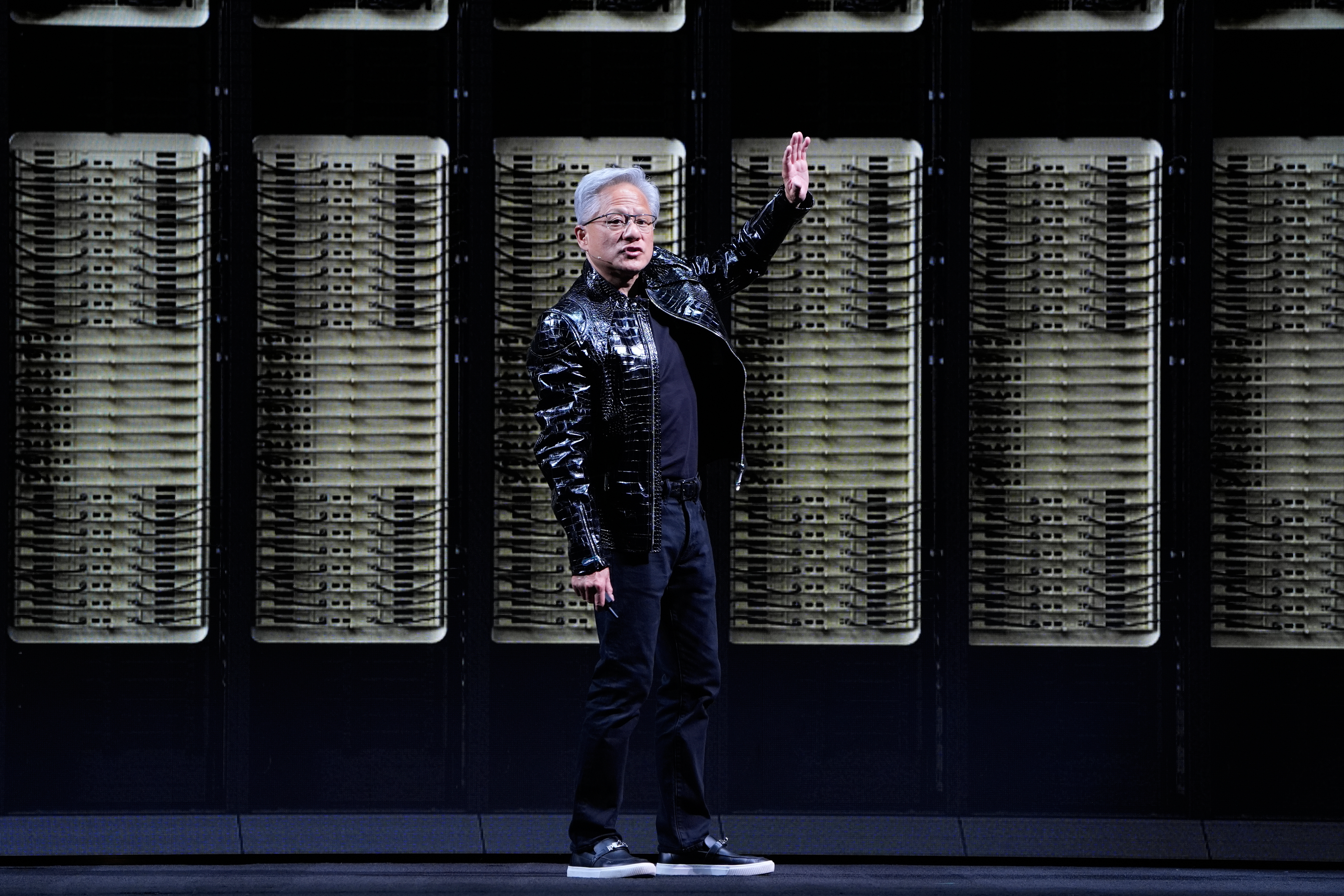 Nvidia founder and CEO Jensen Huang speaks about the NVIDIA Rubin AI super computing platform during a Nvidia news conference ahead of the CES tech show Monday, Jan. 5, 2026, in Las Vegas.