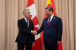 Canadian Prime Minister Mark Carney, left, shakes hands with Chinese President Xi Jinping at the start of a meeting in Gyeongju, South Korea, Oct. 31, 2025.