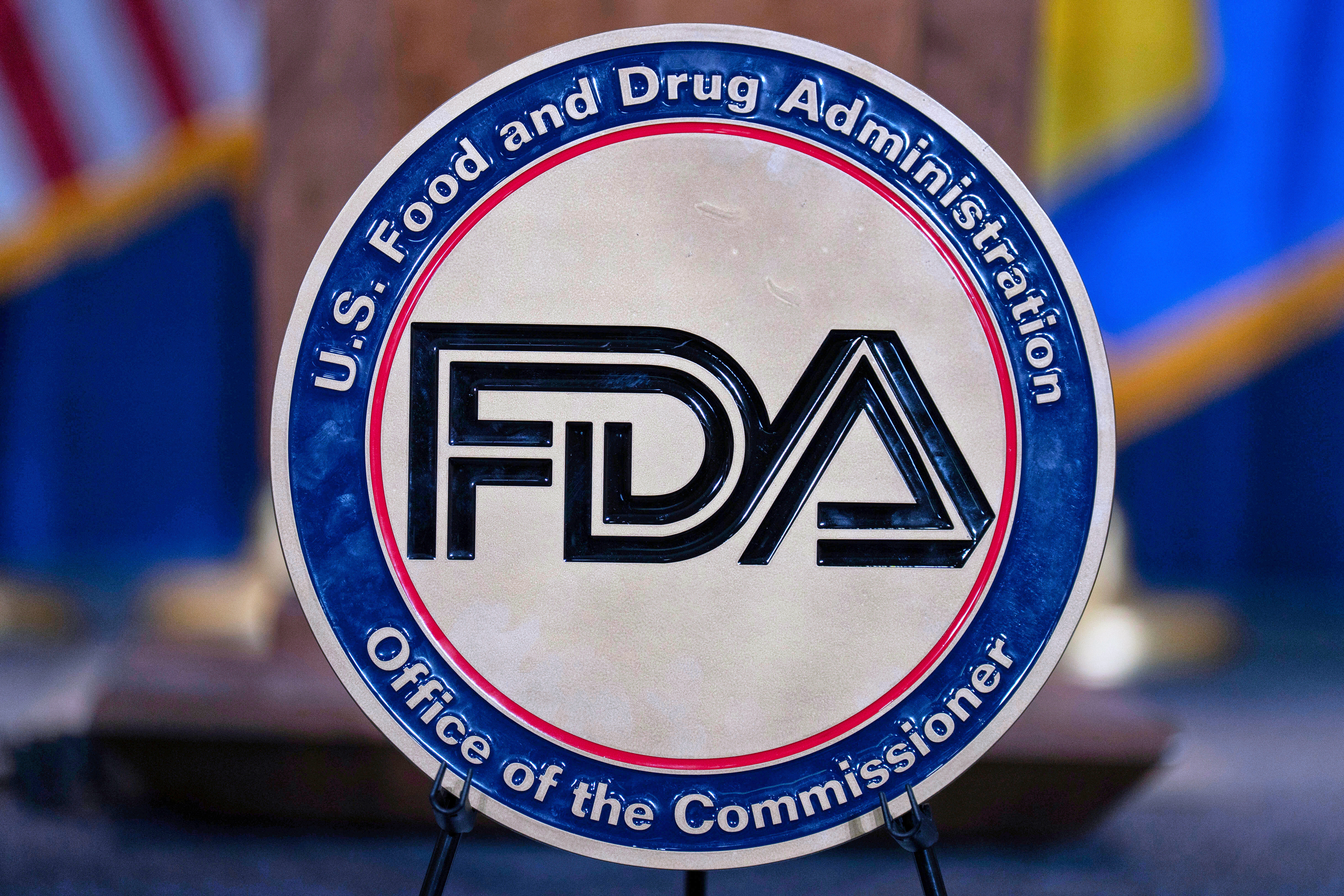The Food and Drug Administration seal is seen at the Hubert Humphrey Building Auditorium in Washington, April 22, 2025.