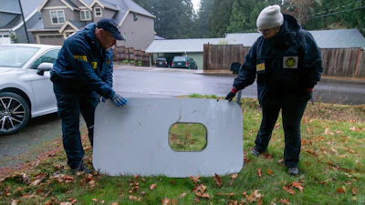 This photo released by the National Transportation Safety Board shows the door plug that fell from Alaska Airlines Flight 1282 on Jan. 8, 2024, in Portland, Ore.