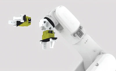 The SYIL R1 automation package includes a standard pneumatic clamping force block and an optional dual gripper, used when the finished part is a different shape from the blank.