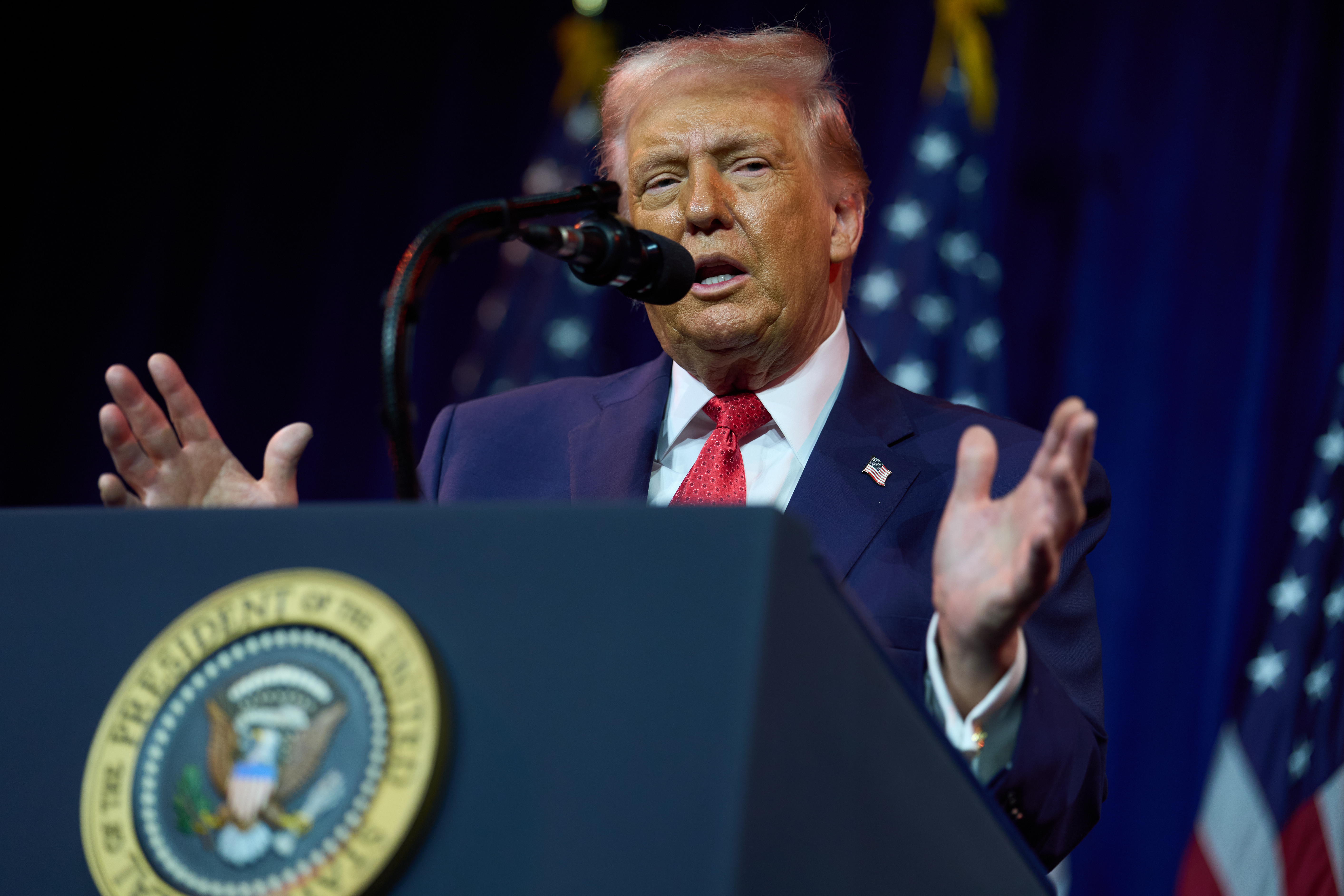 President Donald Trump speaks to House Republican lawmakers during their annual policy retreat, Tuesday, Jan. 6, 2026, in Washington.