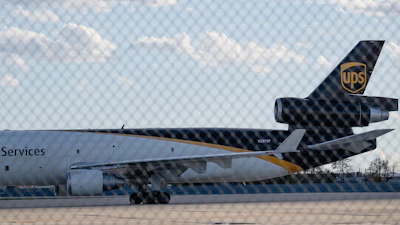 An MD-11F is seen parked at the UPS North Maintenance Hangar, Nov. 8, 2025, in Louisville, Ky.
