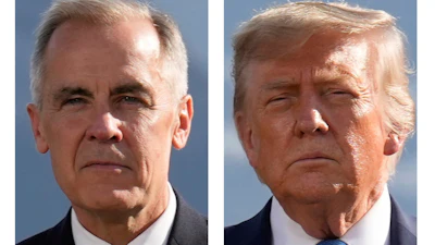 This combination of images shows Canada's Prime Minister Mark Carney and President Donald Trump during a group photo at the G7 Summit, June 16, 2025, in Kananaskis, Canada.