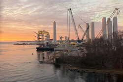 Blades and turbine bases for offshore wind sit at a staging area at New London State Pier, Wednesday, Jan. 14, 2026, in New London, Conn.