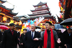 British Prime Minister Keir Starmer, center, is shown around Shanghai's Yuyuan Garden by Vice President of Yuyuan Garden Junjie Hu, Jan. 30, 2026.