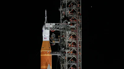 The NASA Artemis II SLS (Space Launch System) rocket with the Orion spacecraft is seen at Launch Complex 39B at the Kennedy Space Center, Sunday, Feb. 1, 2026, in Cape Canaveral, Fla.