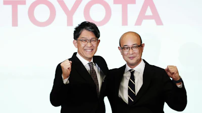Kenta Kon, right, an executive officer who has been named the next president of Toyota Motor Corp., poses for a photo with current President Koji Sato, left, in Tokyo on Friday, Feb. 6, 2026.