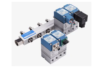 Industrial pneumatic control manifold with blue electronic modules and connectors