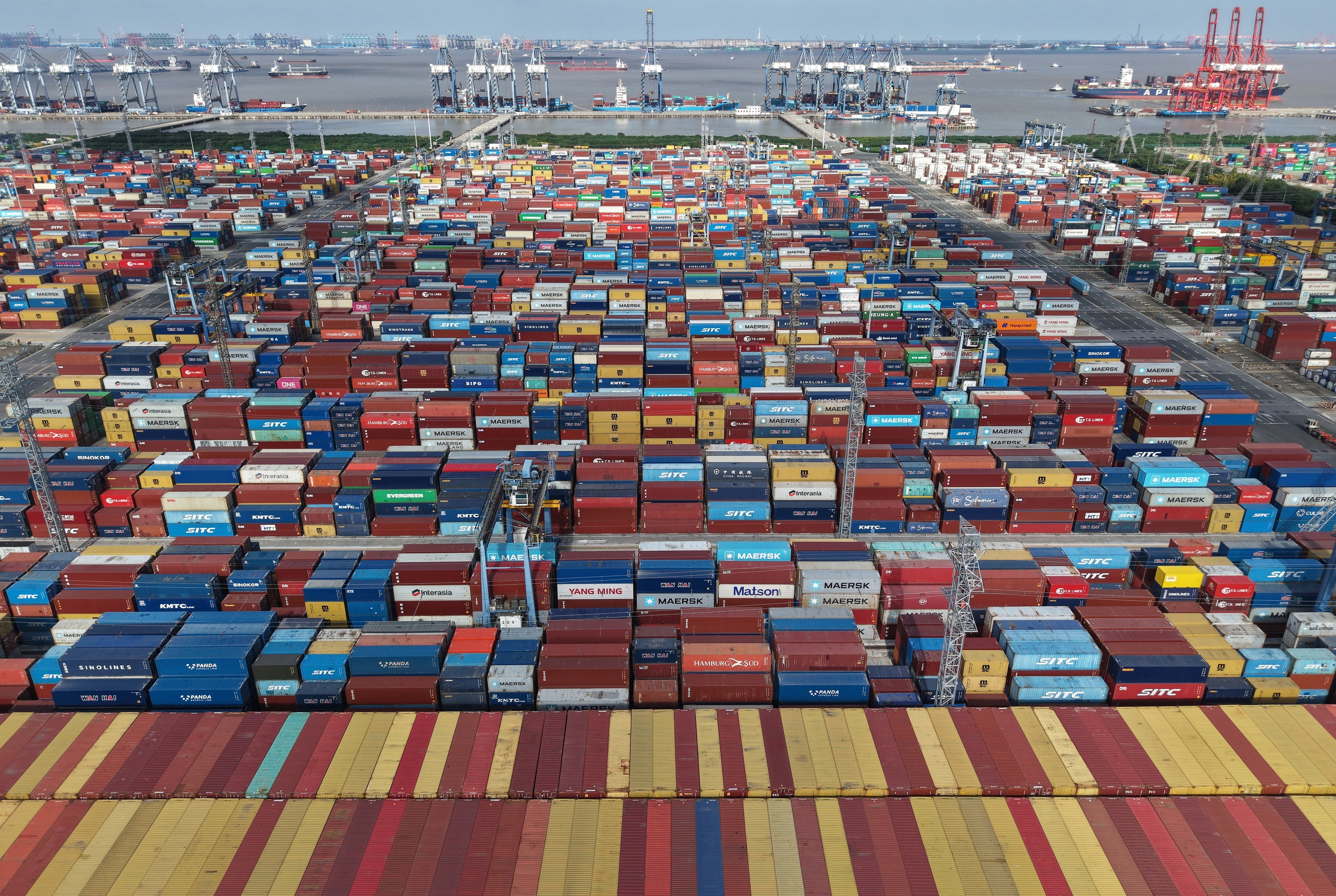 An aerial view of a container terminal in seen in Shanghai, March 10, 2026.