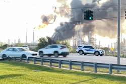 In this still image taken from a video provided by KBMT, smoke rises near the Valero Port Arthur Refinery in Port Arthur, Texas Monday, March 23, 2026.