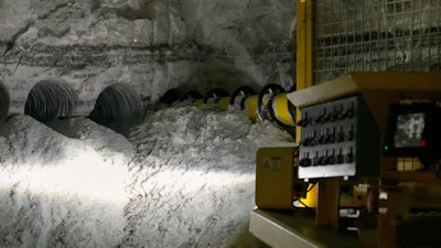 Relief holes are drilled into a face in the Cargill salt mine, 1,800 feet below the surface of Lake Erie, in Cleveland, Ohio, Thursday, March 19, 2026.