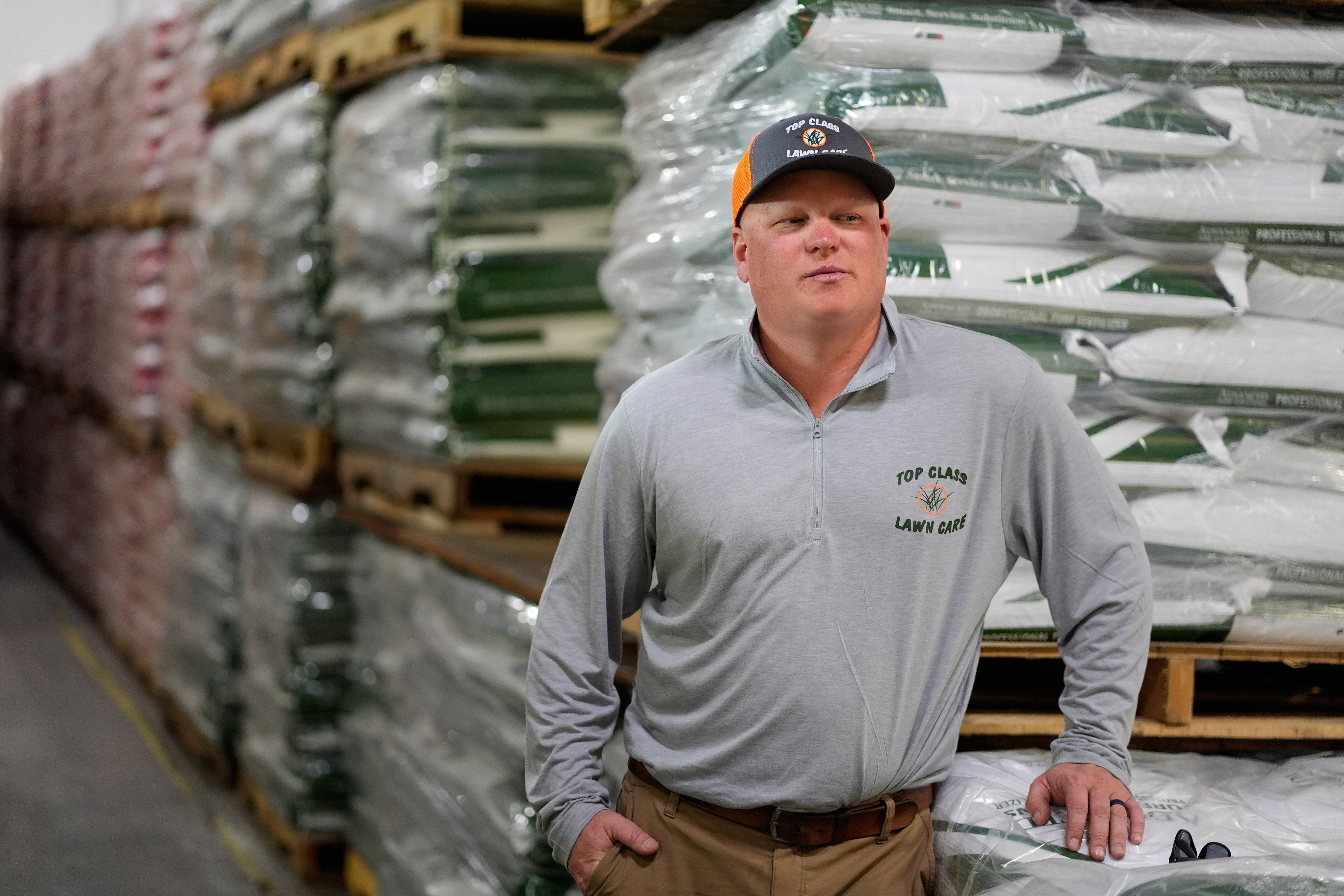 Top Class Lawn Care Owner Jake Wilson at his supplier's warehouse in Riverside, Mo., March 26, 2026.